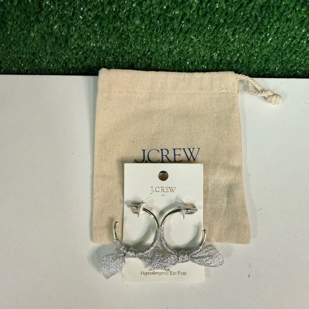 NWT J Crew Factory Silver Bow Hoops Sparkly Hypoallergenic
